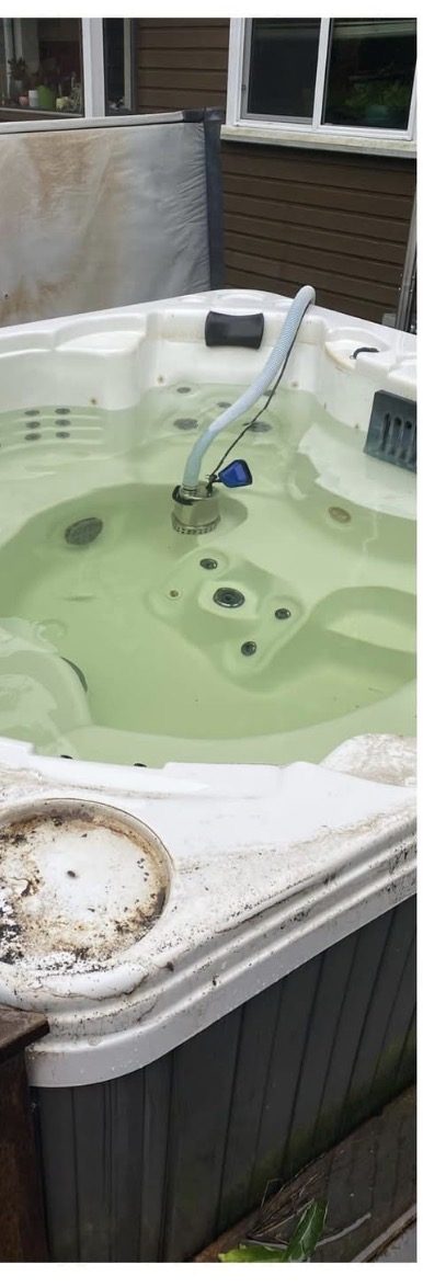 Hot tub with green, neglected water before servicing
